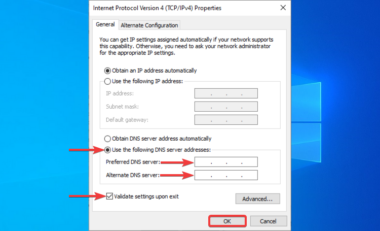 windows 10 use the following dns server addresses