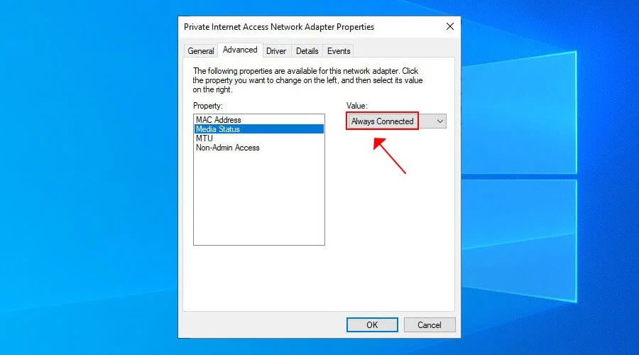 Windows 10 PIA VPN media status