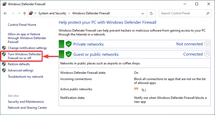 windows 10 turn windows defender firewall on or off