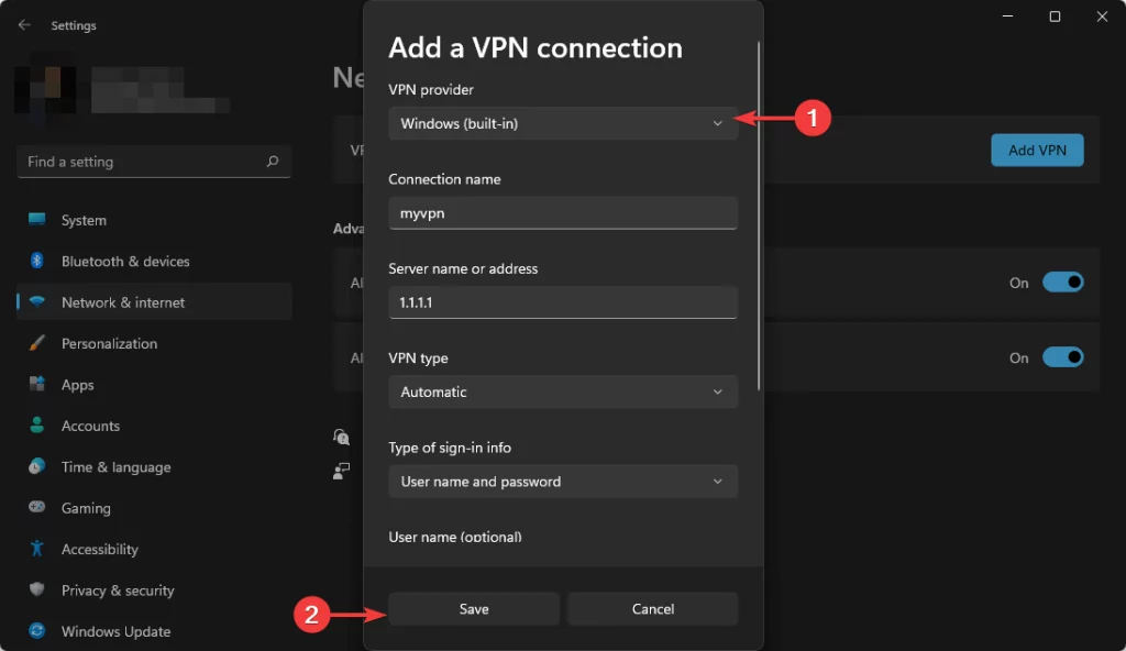 windows add a vpn connection