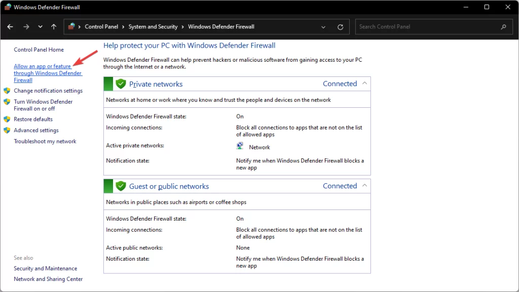 firewall allow an app or feature through