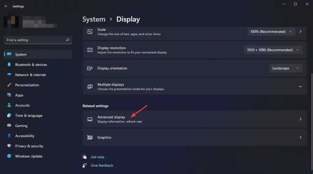 system advanced display settings