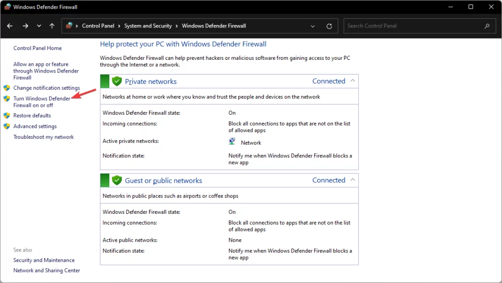 turn windows defender firewall on or off