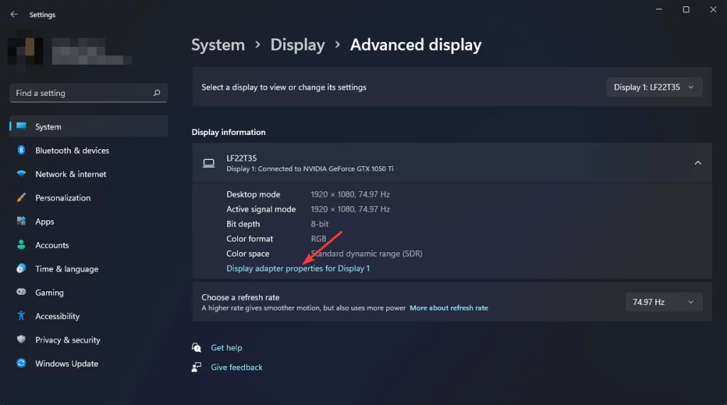 display adapter properties