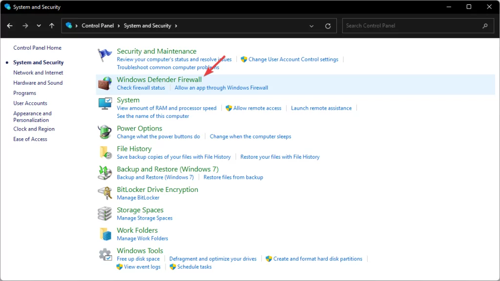 clicking windows defender firewall