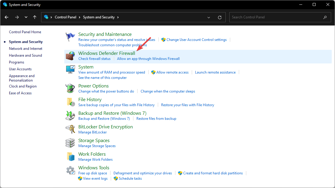 choose windows defender firewall