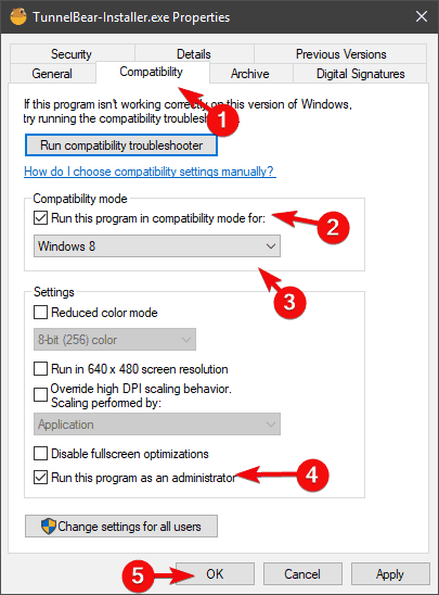 tunnel bear properties compatibility settings