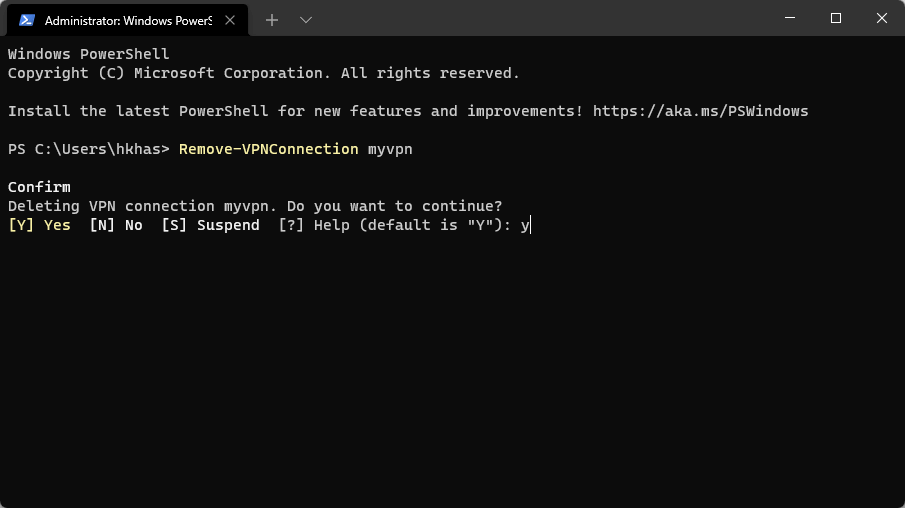 powershell confirm vpn removal