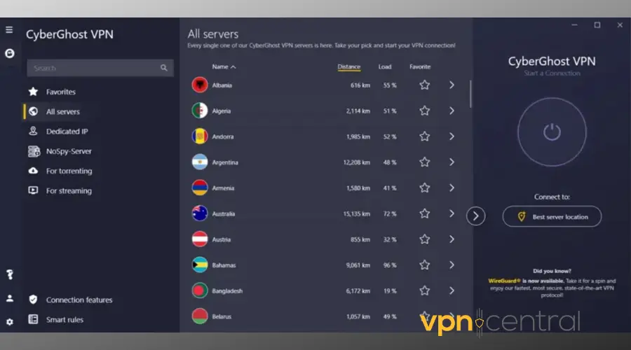 cyberghost vpn ui