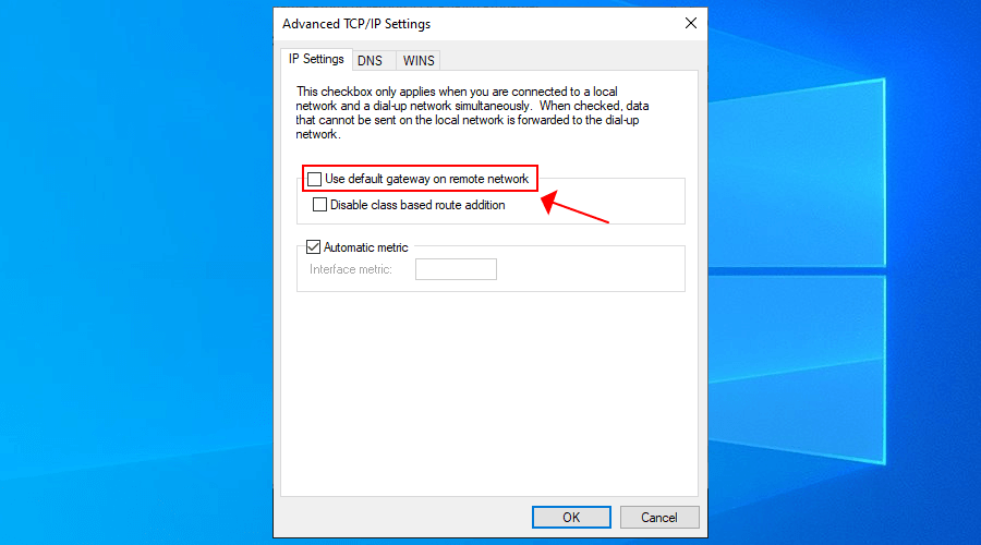 disable Use default gateway on remote network