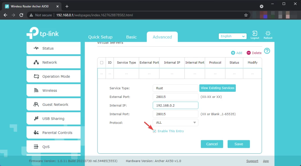 tp link virtual server enable this entry