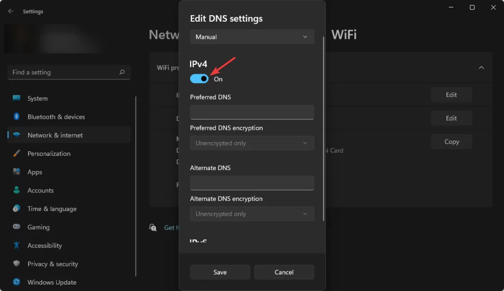 edit dns settings turn ipv4 on