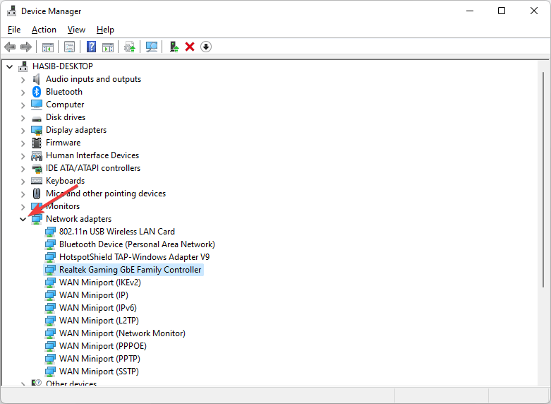 expand network adapters device manager