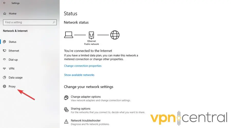 Proxy under Network & Internet settings