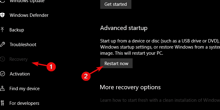 windows advanced startup restart now