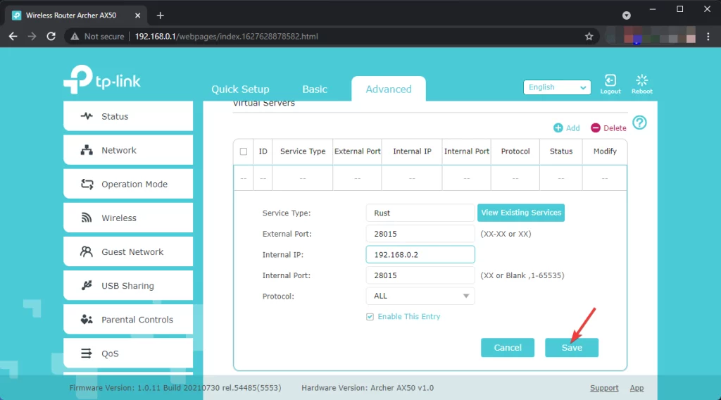 tp link save virtual server settings