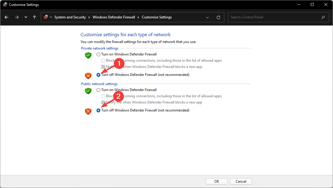 turning off windows firewall