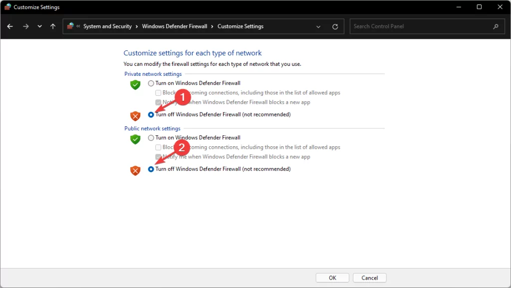 windows turning off firewall