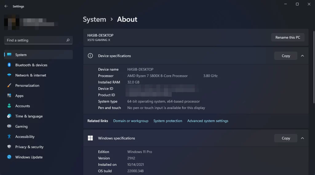 windows device specifications