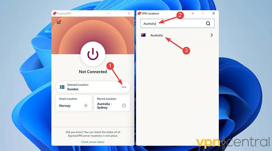 Changing VPN server on ExpressVPN