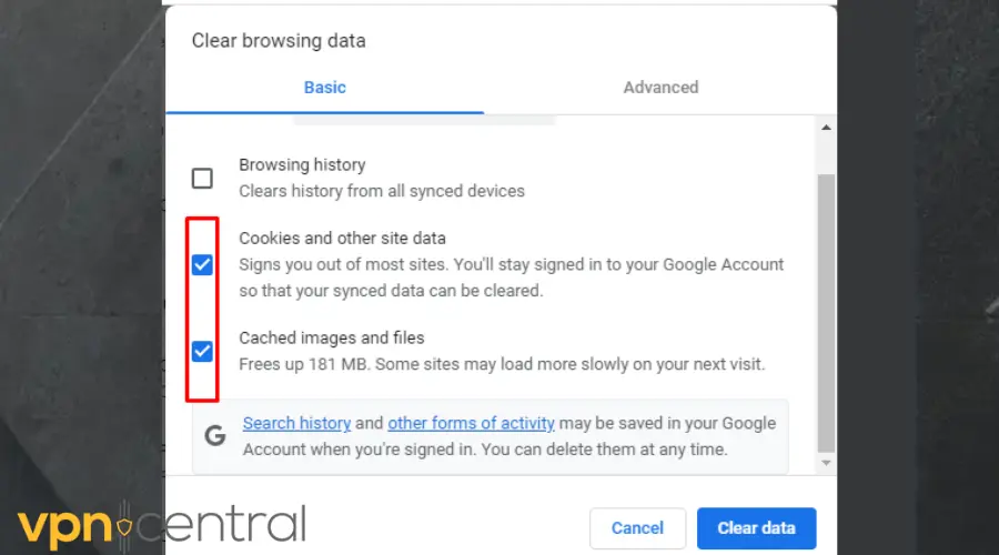 clear cookies and cached images and files on chrome