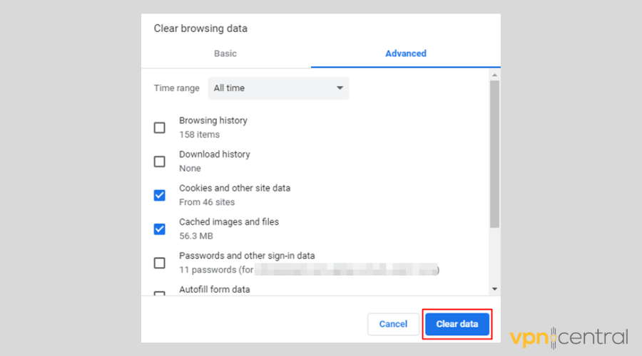 Clear browsing data button