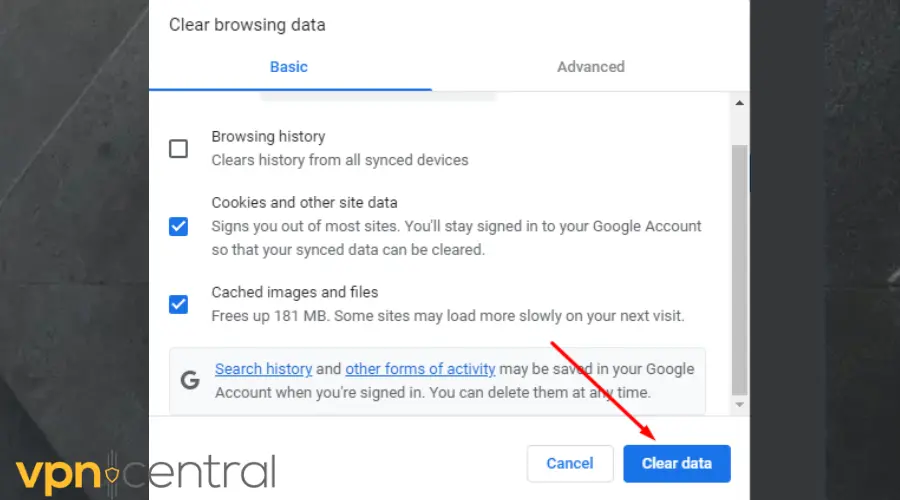 confirm clear data on chrome