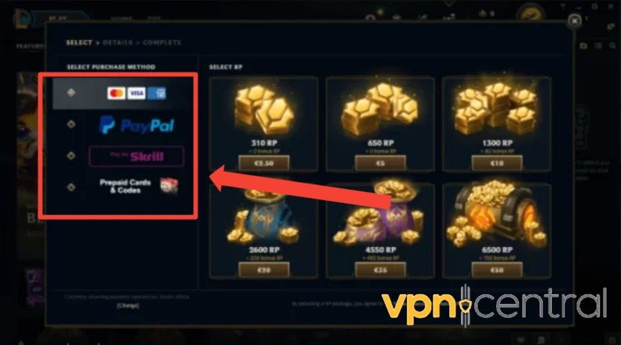 pick payment method on riot games
