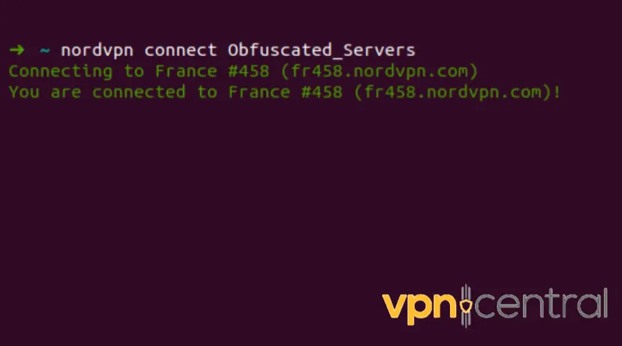 nordvpn connected to obfuscated server in france on linux terminal