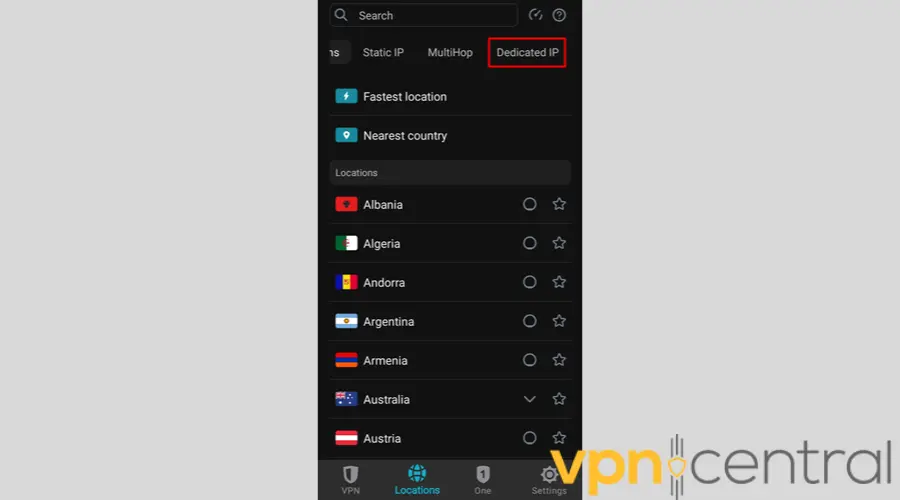 Surfshark VPN Dedicated IP tab