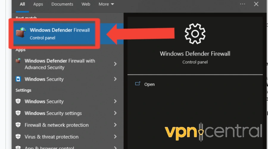Select Windows defender firewall