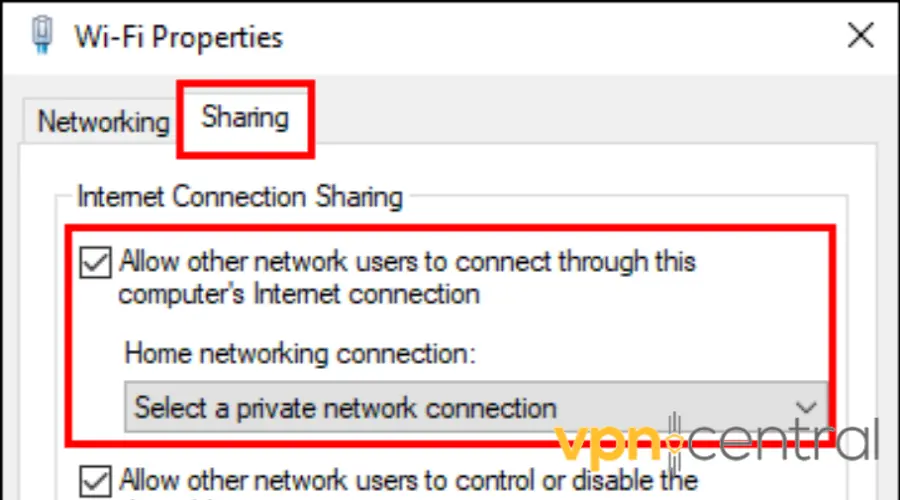 Windows wifi sharing properties