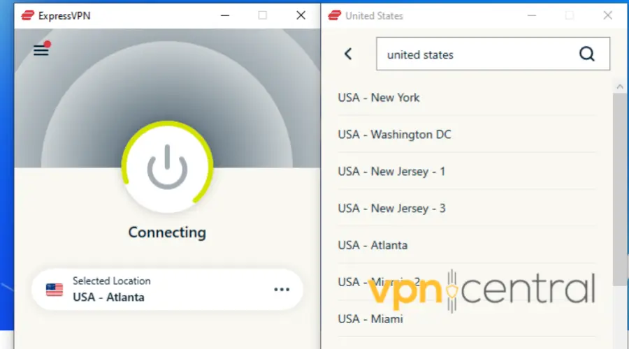 Connecting ExpressVPN atlanta server