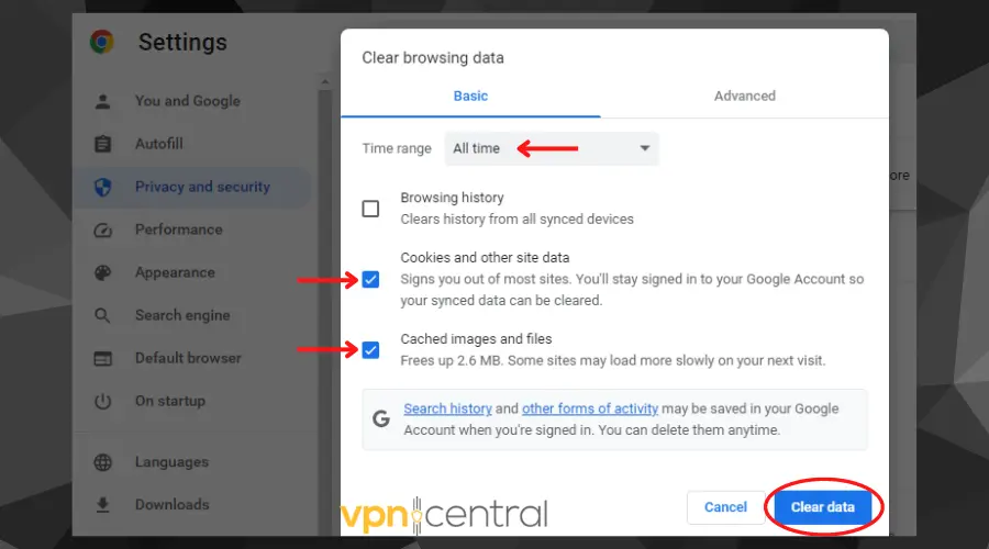 chrome clear browsing data