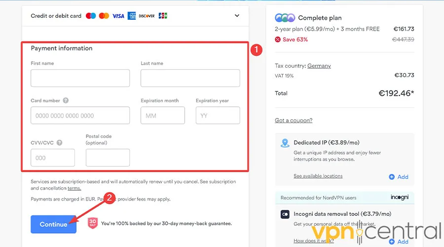 NordVPN Payment page