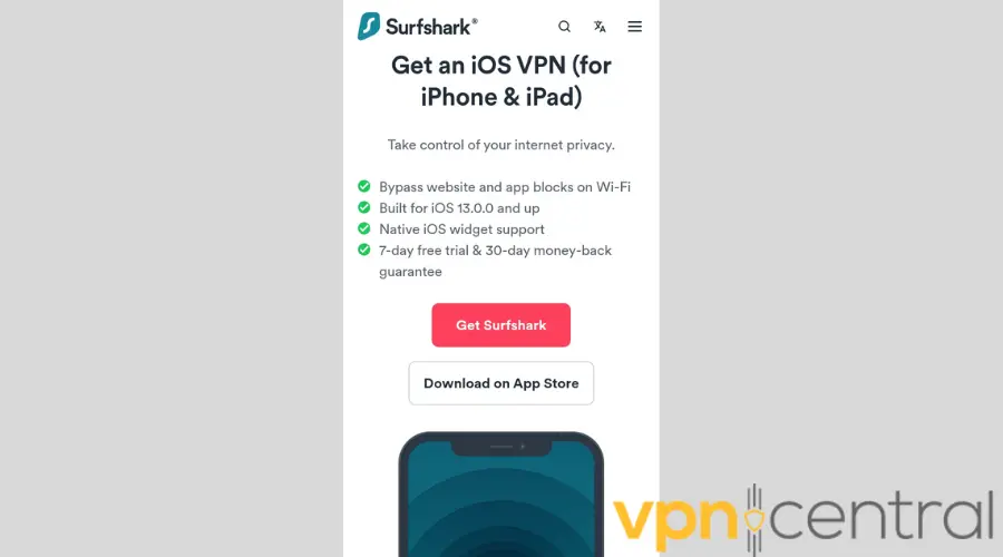 Surfshark VPN for iOS download button
