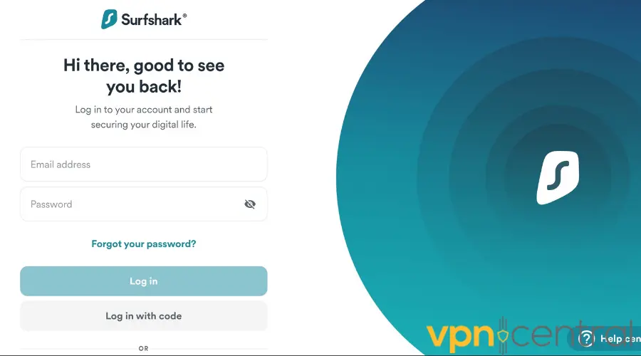 Surfshark VPN login page