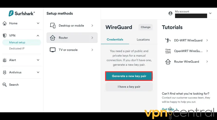 Surfshark VPN Generate a new key pair button