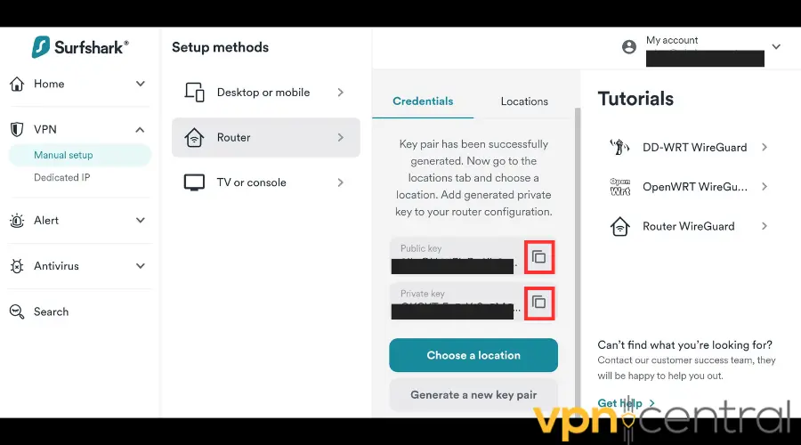 Surfshark VPN WireGuard config public and private keys