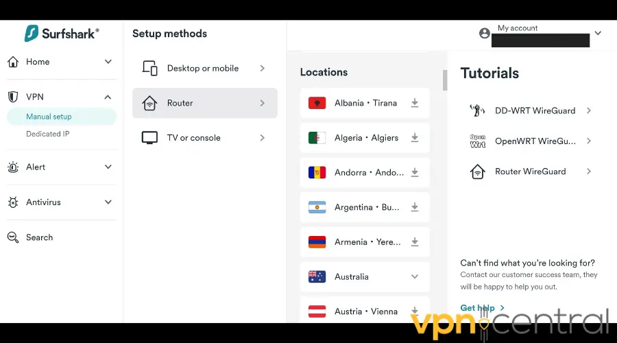 Surfshark VPN manual WireGuard configuration location options