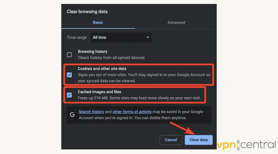 Clear Chrome browsing data