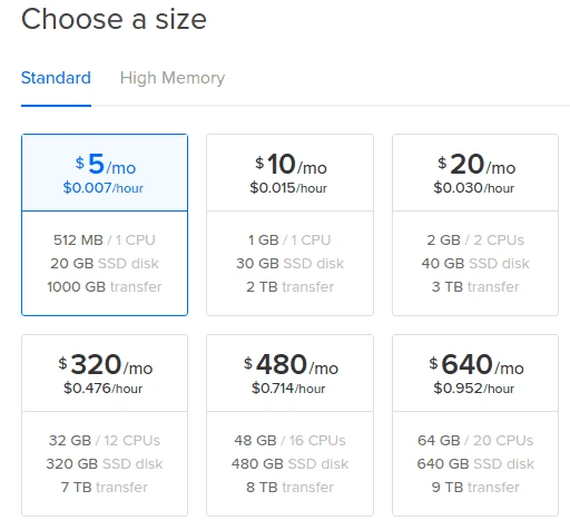 digitalocean choose droplet size