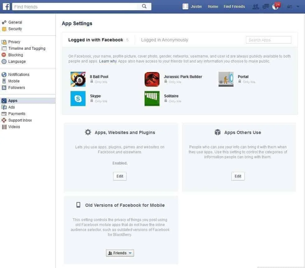 Facebook interface