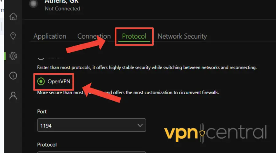 ipvanish select openvpn protocol from settings