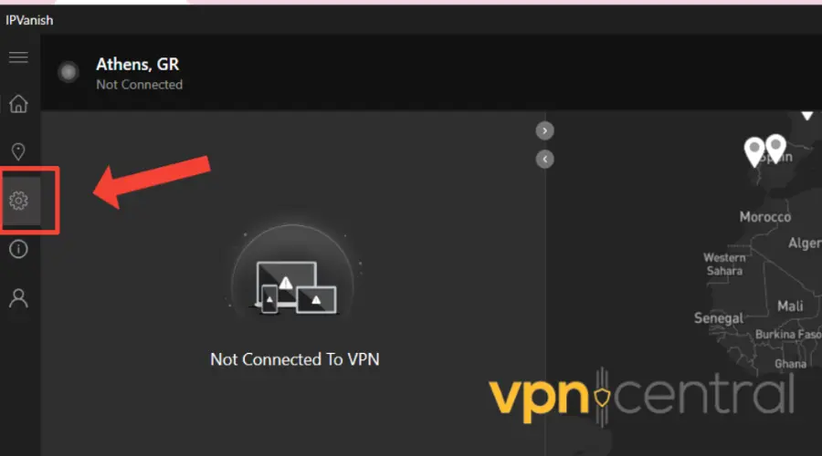 ipvanish gear icon on windos app