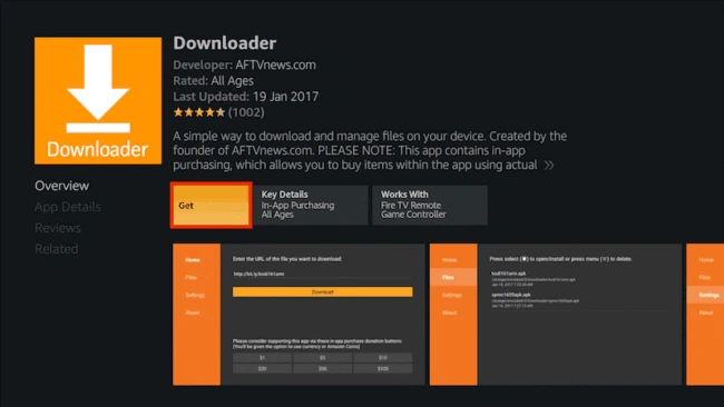 amazon fire downloader get button