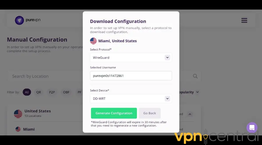 PureVPN manual WireGuard configuration generator