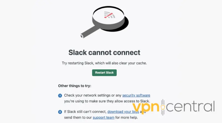 slack error message when it's not working with VPN