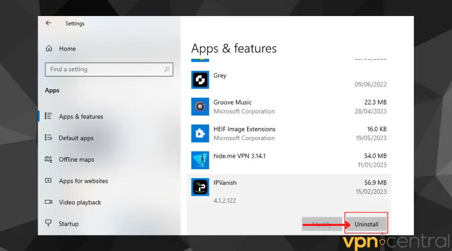 windows apps and features