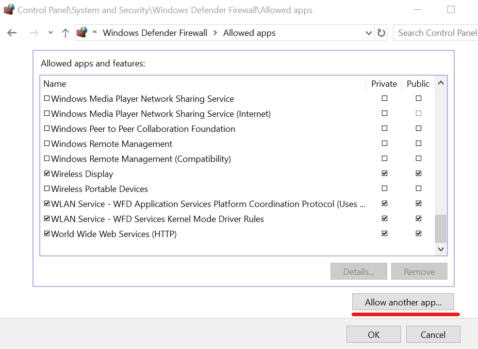 allow another app firewall exception